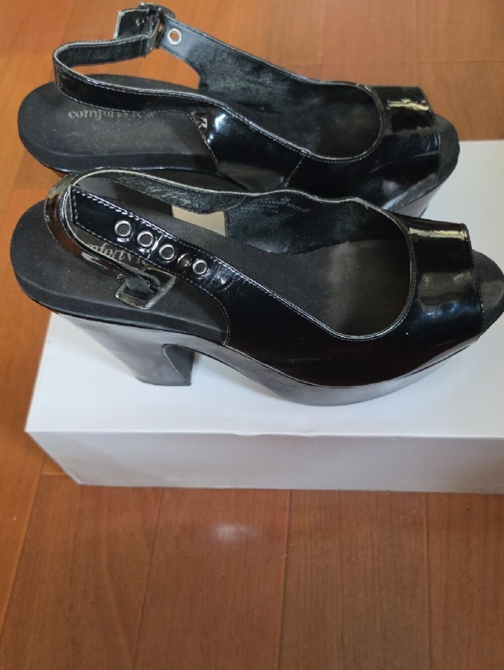 Comfortview Black Patent Slingback Peep-Toe Wedges
